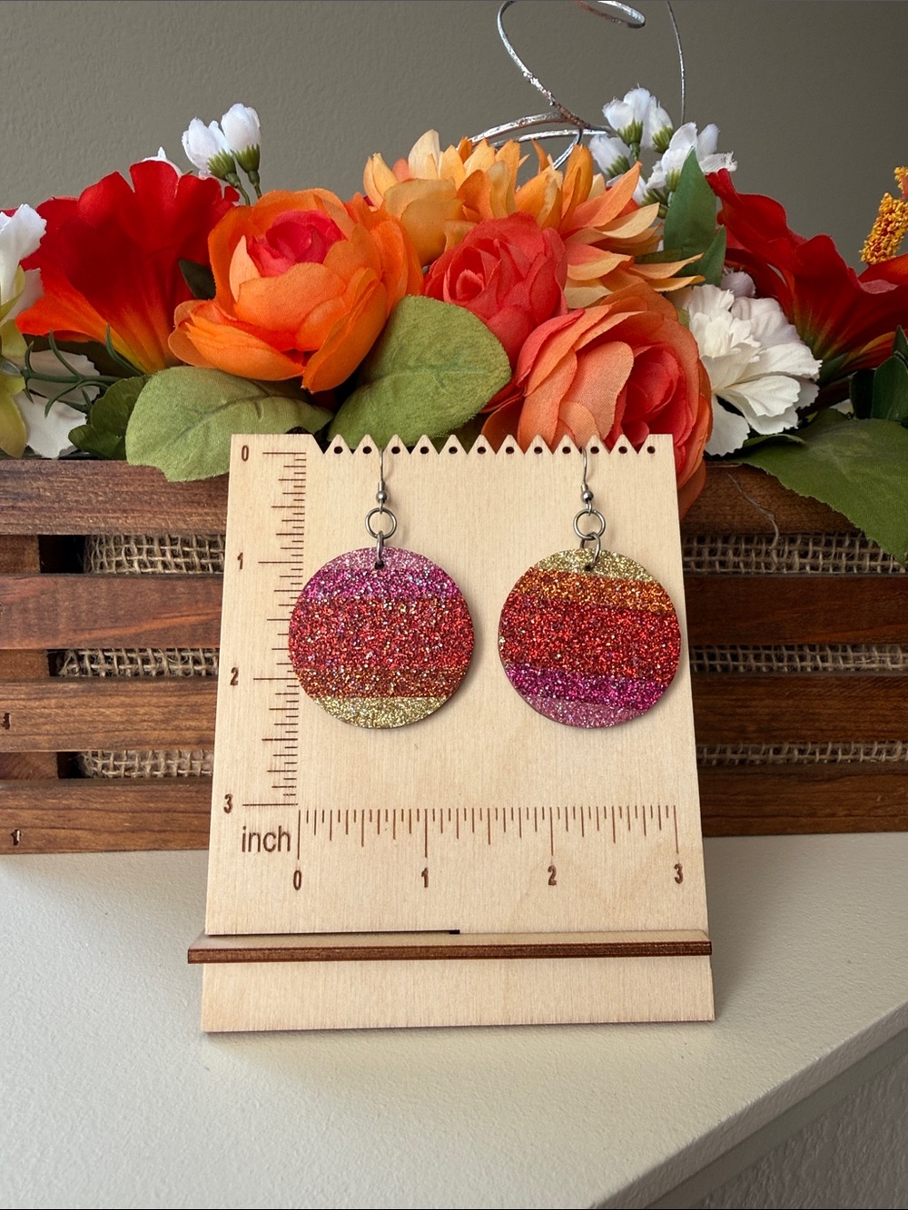 2 for $15! Handmade round Glitter Stripe Dangle Earrings - Pink, Red, Gold